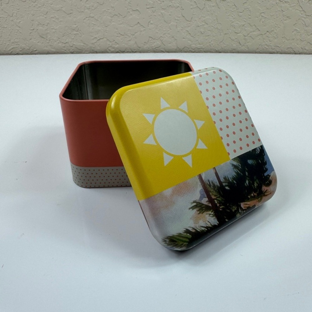 Fossil Watch Tin Box OS Storage Coral Sun Palm Tree Polka Dot Collectible Gift